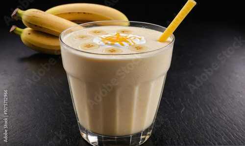 A tall glass of banana milkshake with whipped cream and banana slices on top, with a straw sticking out