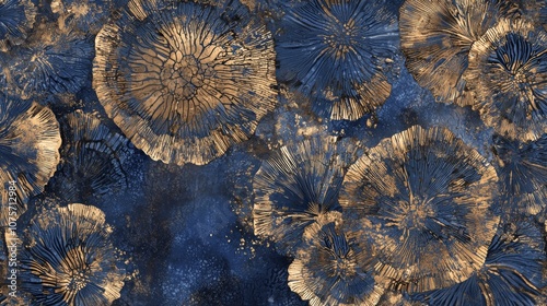 Luxurious abstract floral pattern in blue and gold, creating an elegant and sophisticated background, perfect for high-end design projects