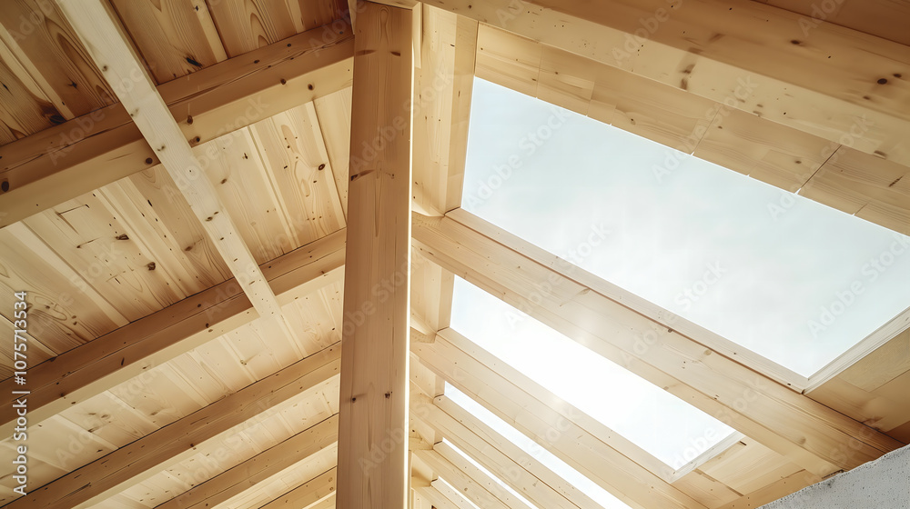 Une structure de plafond en bois avec des lucarnes permettant la lumière du soleil. Une structure de plafond en bois avec des lucarnes permettant la lumière du soleil.