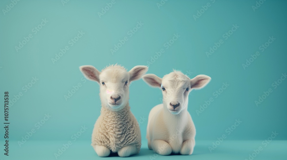 Fototapeta premium Adorable baby lamb and calf snuggled together against a soft blue background, symbolizing friendship, innocence, and countryside charm, perfect for farm or animal-related themes