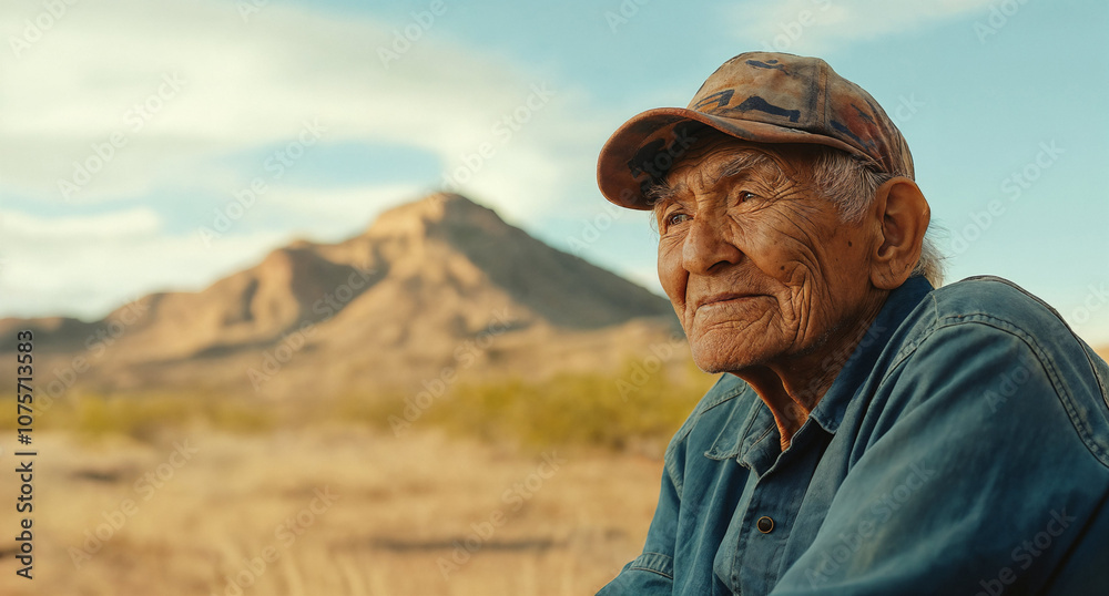 Portrait of a senior Native American Indian man in front of a desert landscape