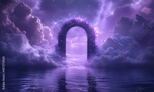 Enchanting Lavender Cloud Archway with Starry Sky Reflections, Mystical Fantasy Scene with Ethereal Glow and Surreal Nighttime Setting Over Calm Waters