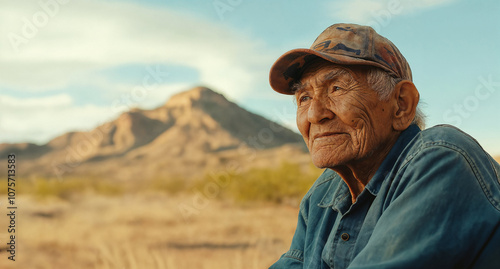 Obraz na płótnie Portrait of a senior Native American Indian man in front of a desert landscape w salonie