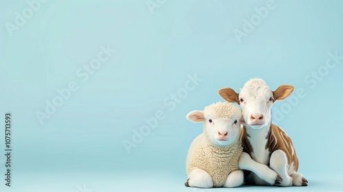 Adorable baby lamb and calf snuggled together against a soft blue background, symbolizing friendship, innocence, and countryside charm, perfect for farm or animal-related themes