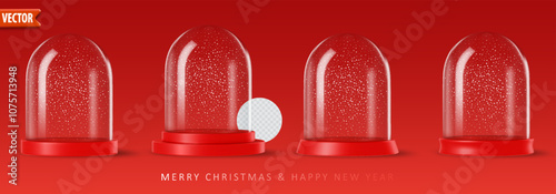 Four empty snow globes with red bases on isolated background, snow particles inside, and Merry Christmas and Happy New Year greeting text. Realistic vector illustration