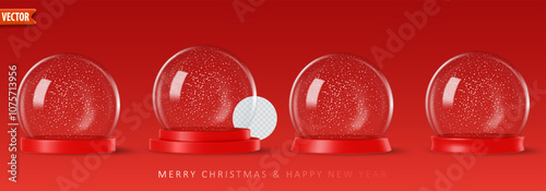 Minimalist snow globe on a red background with smooth reflective glass surface, ideal for holiday design templates. Vector illustration