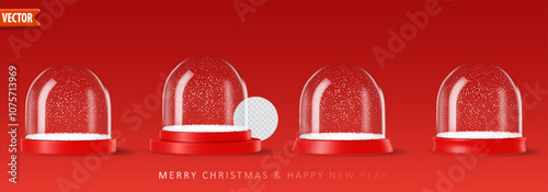 Set of transparent 3d glass snow globes with red bases on red background, showing different podium, ready for Christmas and New Year designs. Realistic vector illustration