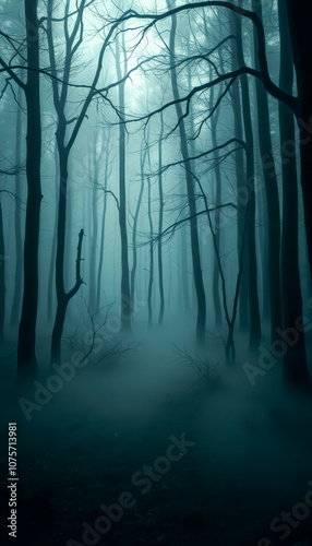 Mysterious, dark foggy forest pathway. Blue-toned Footpath thought a cold forest among high trees.