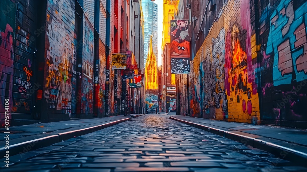 Fototapeta premium A colorful street art mural transforming a gray alley into a lively visual story, mixing pop culture and surreal elements in a bold style