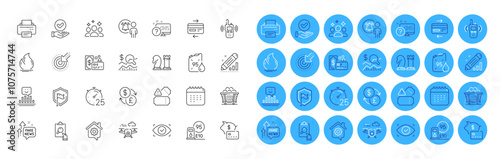 Printer, Credit card and Fake news line icons pack. Fire energy, Edit statistics, User notification web icon. Tickets, Chess, Work home pictogram. Check investment, Calendar, Shield. Vector