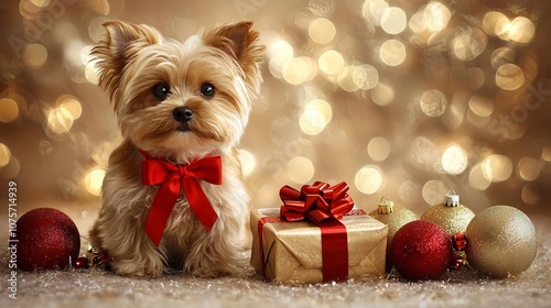 Adorable Yorkshire Terrier dog with a red ribbon bow sitting next to a stack of New Year s gifts and holiday ornaments under soft twinkling lights  Cozy and festive Christmas or New Year s scene photo