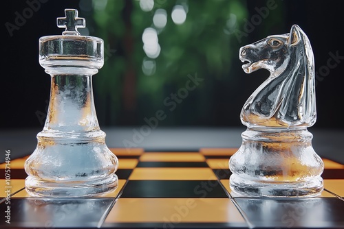 Chess Pieces Made of Ice in Nature Setting
 photo