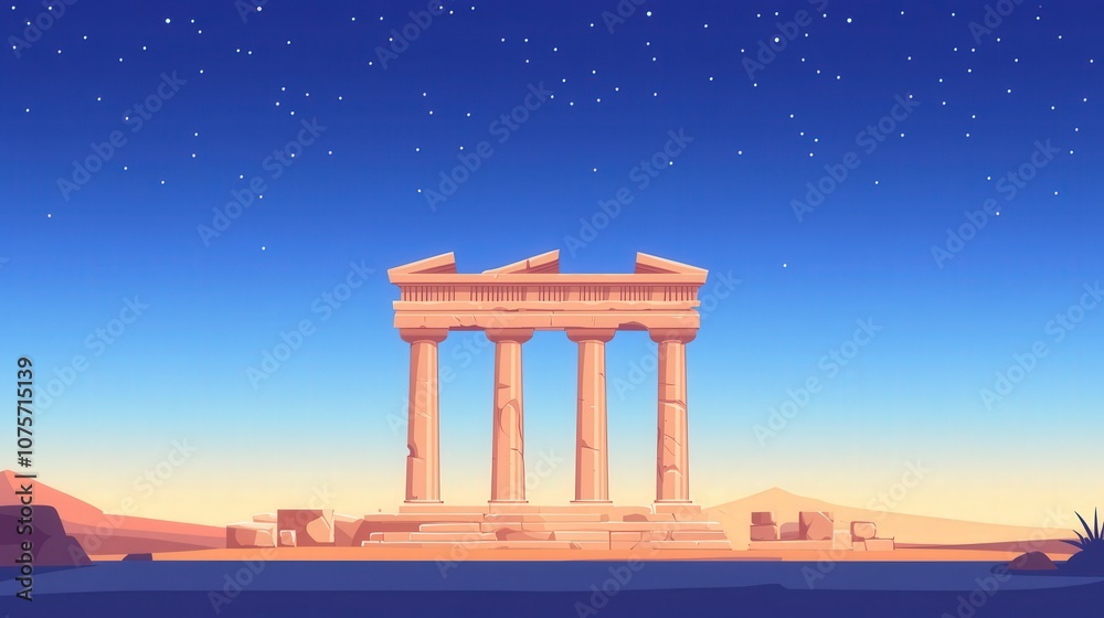 Naklejka premium Ancient Temple Ruins Under a Starry Night Sky with Vibrant Colors and Peaceful Landscape Perfect for Travel and History Themes
