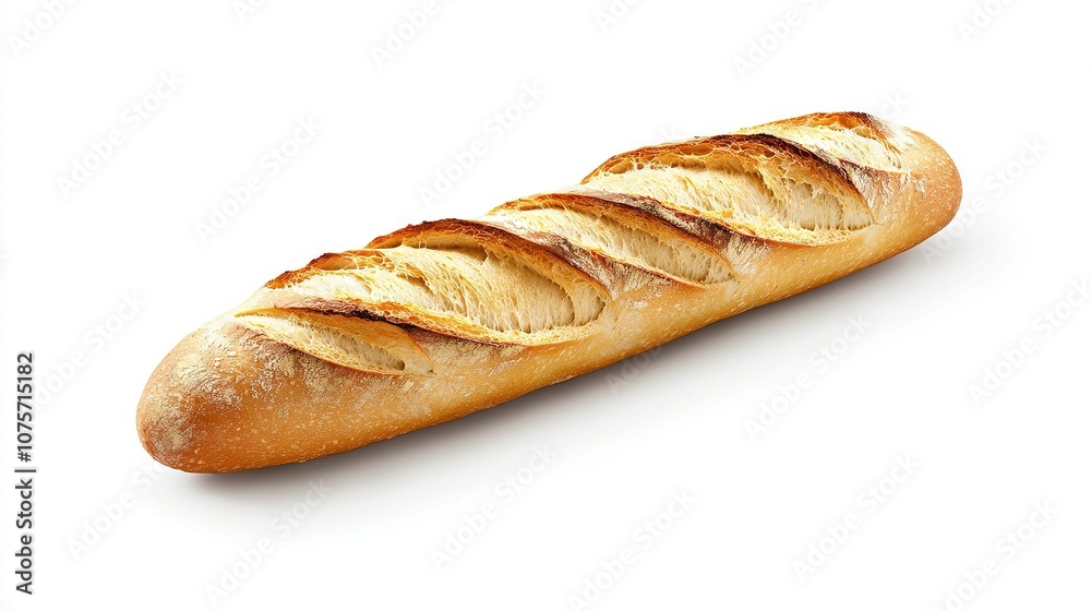 A white background displays a close-up of a long loaf of bread with a reflection in the foreground A white background displays a close-up of a long loaf of bread with a reflection in the foreground