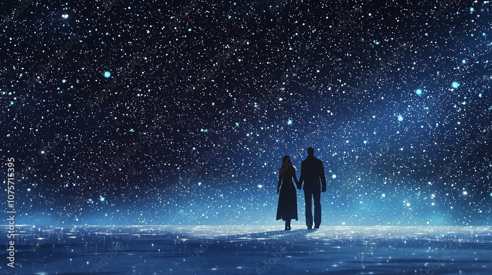 Silhouetted couple walks hand in hand under a vast starry sky captivated by the boundless mysteries of the universe above They pause to contemplate the wonders of the cosmos Silhouetted couple walks hand in hand under a vast starry sky captivated by the boundless mysteries of the universe above They pause to contemplate the wonders of the cosmos