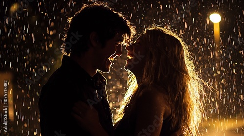 Silhouetted couple passionately embracing and dancing together in the rain their love and joy radiating under the night sky
