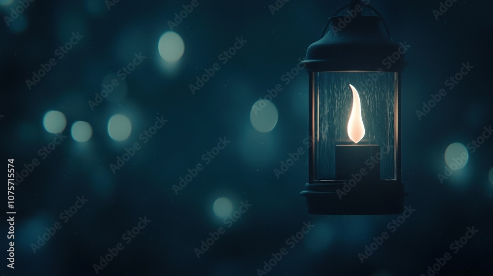 A lit candle dangles from a lantern in a dimly lit room, with soft background lighting A lit candle dangles from a lantern in a dimly lit room, with soft background lighting