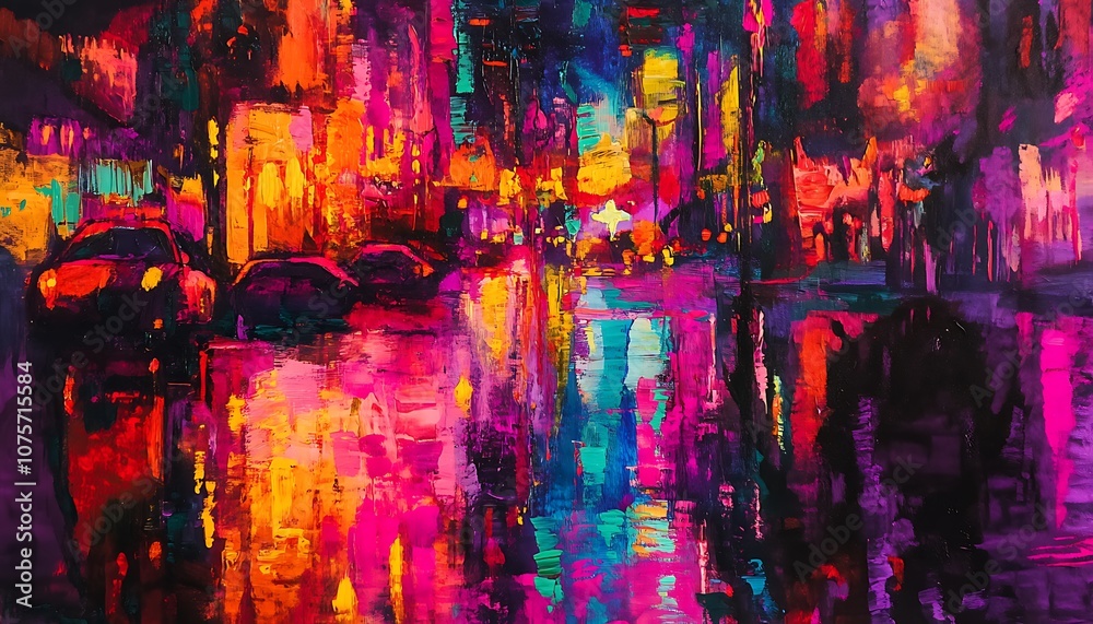 Fototapeta premium Abstract Cityscape with Cars and Bright Lights in Rainy Night