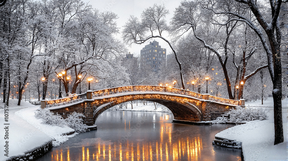 custom made wallpaper toronto digitalSnowy Central Park bridge illuminated at twilight
