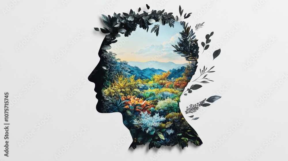 © Coffee Cafe Lover - A Creative Silhouette of a Human Head Surrounded by Vibrant Nature, Illustrating the Connection Between Mind and Environment in an Artistic Composition © Coffee Cafe Lover - A Creative Silhouette of a Human Head Surrounded by Vibrant Nature, Illustrating the Connection Between Mind and Environment in an Artistic Composition