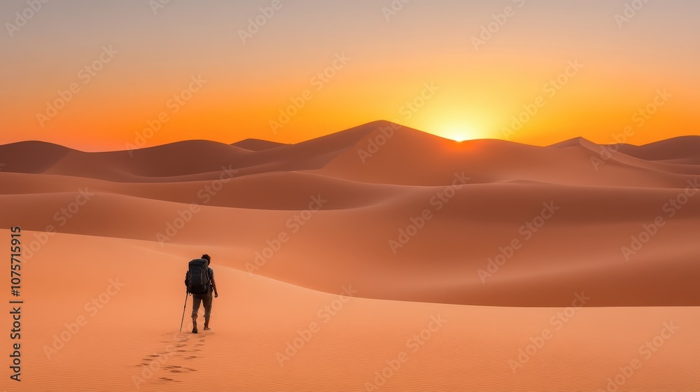 Adventurous Hiker Exploring the Vast Desert Landscape at Sunset with Orange and Yellow Skies, Showcasing Serenity and Tranquility in Nature's Beauty Adventurous Hiker Exploring the Vast Desert Landscape at Sunset with Orange and Yellow Skies, Showcasing Serenity and Tranquility in Nature's Beauty