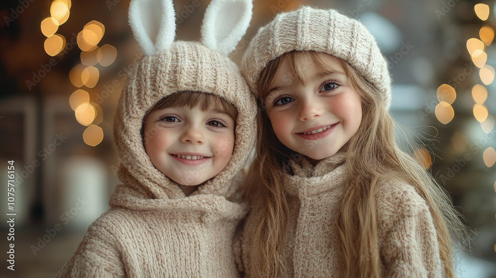 Smiling children in bunny costumes with white ears on the background of bokeh garlands, children's New Year's party, Christmas party, kindergarten, carnival for kids, holiday, masquerade, child Smiling children in bunny costumes with white ears on the background of bokeh garlands, children's New Year's party, Christmas party, kindergarten, carnival for kids, holiday, masquerade, child
