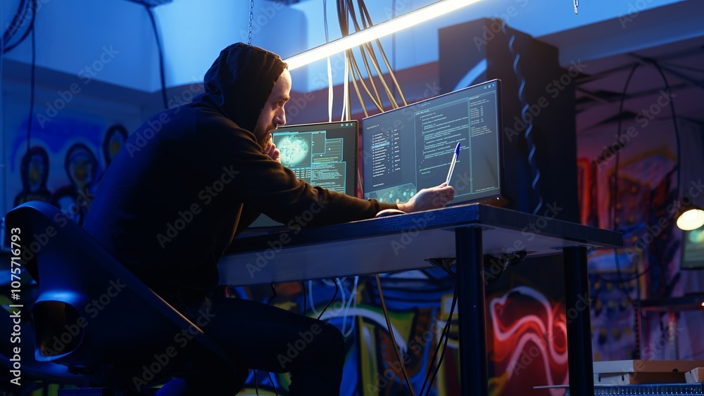 Fototapeta premium Malicious man hacking and talking on phone with partner, stealing credit card numbers, manipulating banking systems. Evil hacker runs dangerous code, chatting with friend in telephone call, camera A