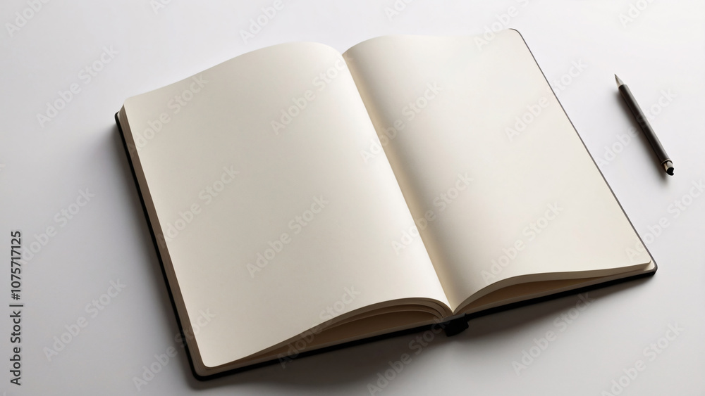 Fototapeta premium Open blank notebook with pen on desk. An open blank notebook with cream-colored pages lies on a white desk, accompanied by a black pen, symbolizing creativity and writing. 