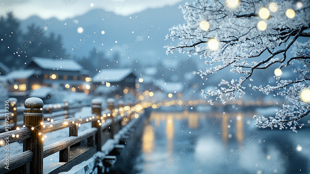 custom made wallpaper toronto digitalSnowy winter scene with illuminated bridge and village