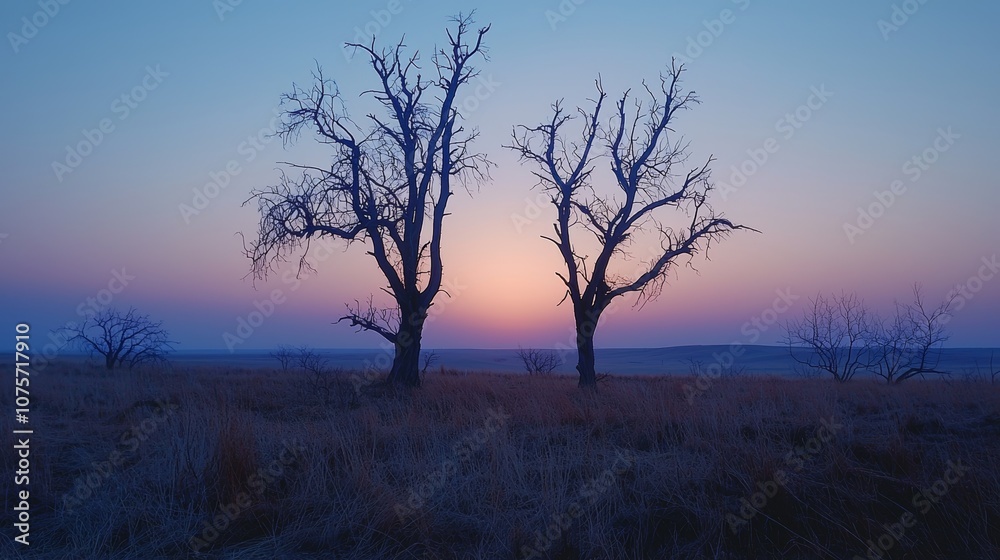 Bare trees under dusky sky, expansive landscape with twilight glow Bare trees under dusky sky, expansive landscape with twilight glow