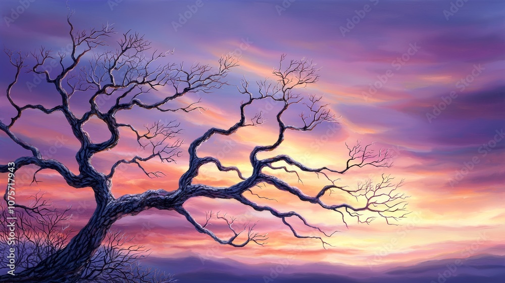 Fototapeta premium Beautiful landscape painting of barren trees at twilight, dramatic sky with deep pinks and purples, intricate branches against soft light, peaceful evening atmosphere