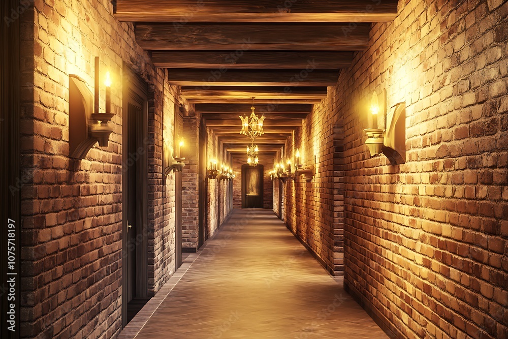Brick Hallway with Wooden Beams and Candlelight