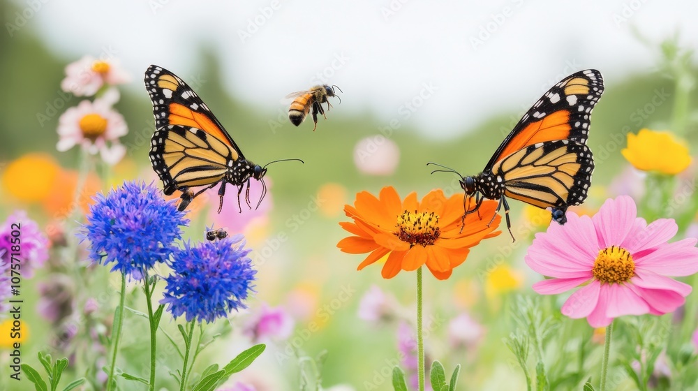 Fototapeta premium Colorful Monarch Butterflies and Bees Pollinating Vibrant Wildflowers in a Scenic Meadow Under Clear Sky