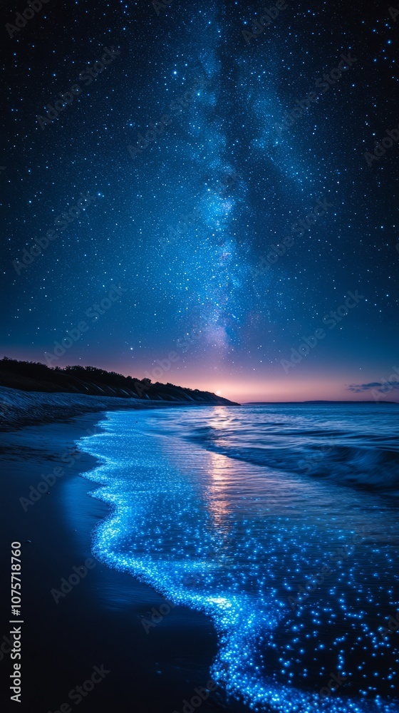 Naklejka premium A early dusk nighttime photograph of an ocean shoreline glowing with blue bioluminescence, with bright and radient stars sparkling in the sky above 