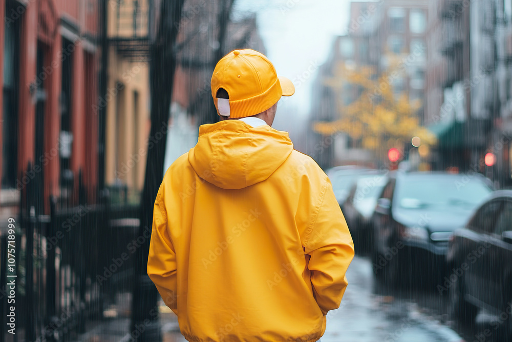 Urban scene with person in yellow jacket on a rainy city street, back view Urban scene with person in yellow jacket on a rainy city street, back view
