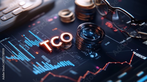 Financial Analysis Concept with TCO Letters, Coins, and Glasses on Digital Stock Market Chart Background