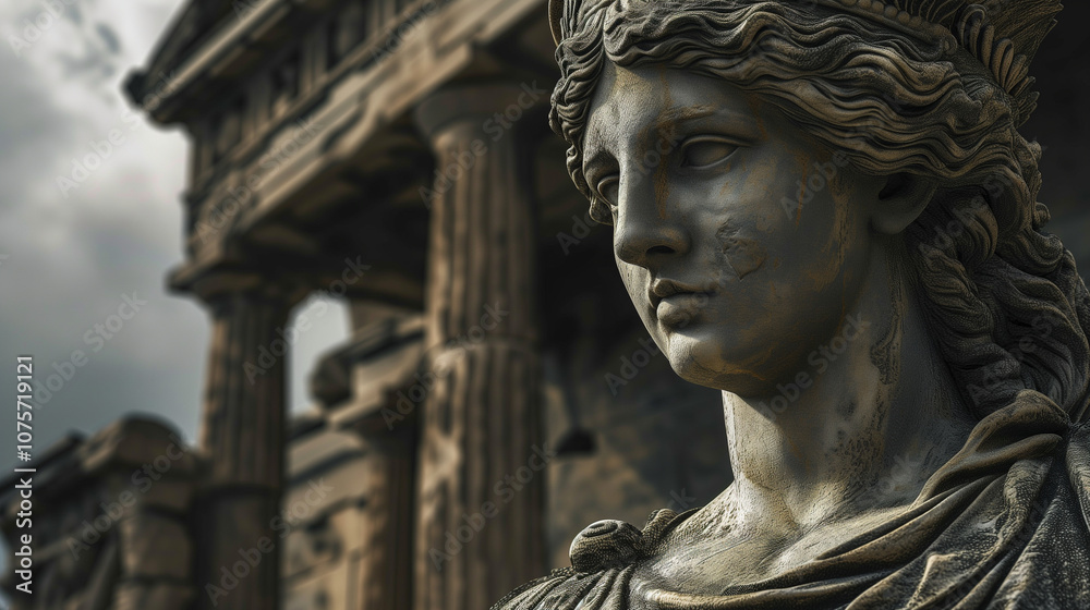 Fototapeta premium Weathered Statue of Hera in Front of Ancient Greek Temple