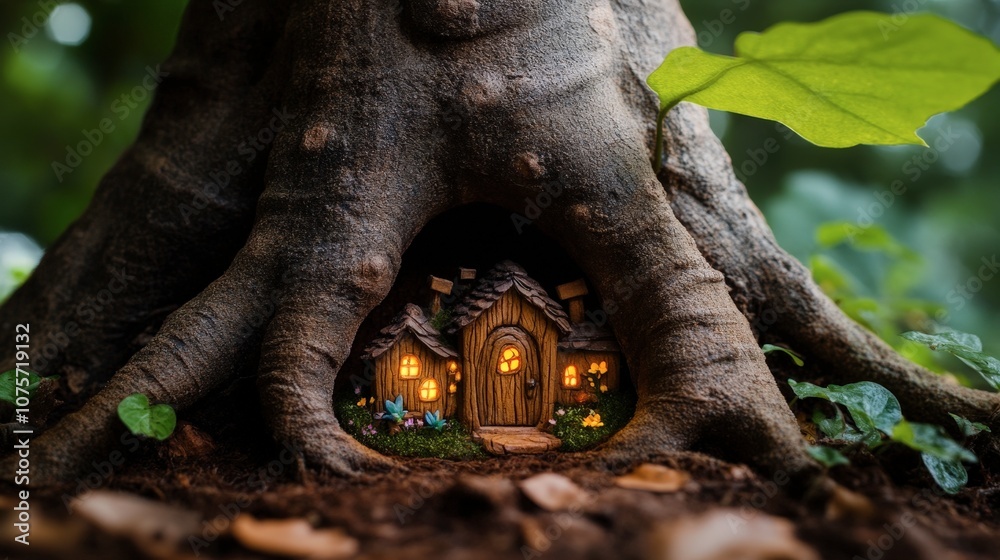 Fototapeta premium Enchanted Treehouse Nestled Among Lush Greenery with Glowing Windows and Whimsical Charm in a Serene Forest Setting