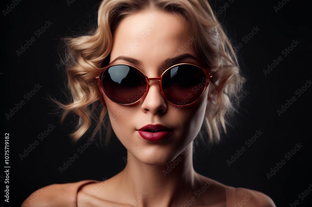 Blonde Woman Wearing Stylish Round Sunglasses. Close-up portrait of a blonde woman with windblown hair, wearing round sunglasses against a dark background.
Blonde Woman Wearing Stylish Round Sunglasses. Close-up portrait of a blonde woman with windblown hair, wearing round sunglasses against a dark background.