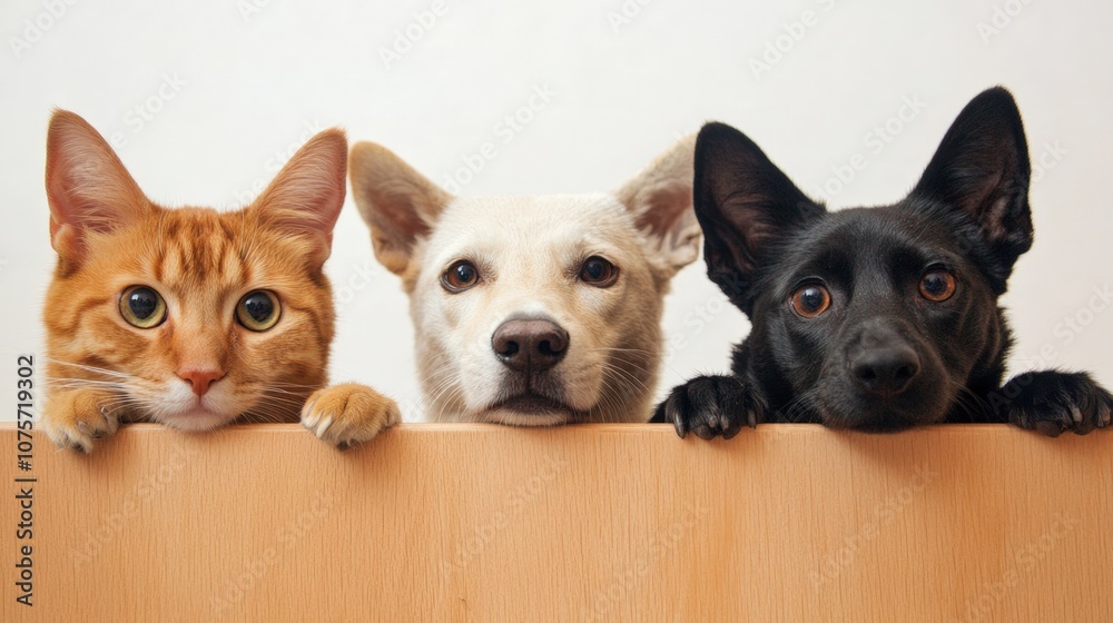 Playful and Curious Pets: A Captivating Trio of an Orange Cat, a White Dog, and a Black Dog Snuggling Together Over a Wooden Barrier in a Heartwarming Scene