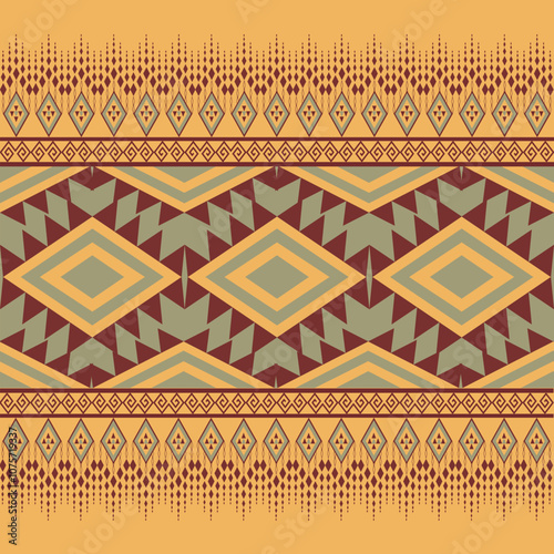 Traditional  Fabric Geometric Seamless Pattern Vector with Geometric Tribal Motif in Earth Tone for Textile, Print, Craft, Cultural, Design, Decoration Use