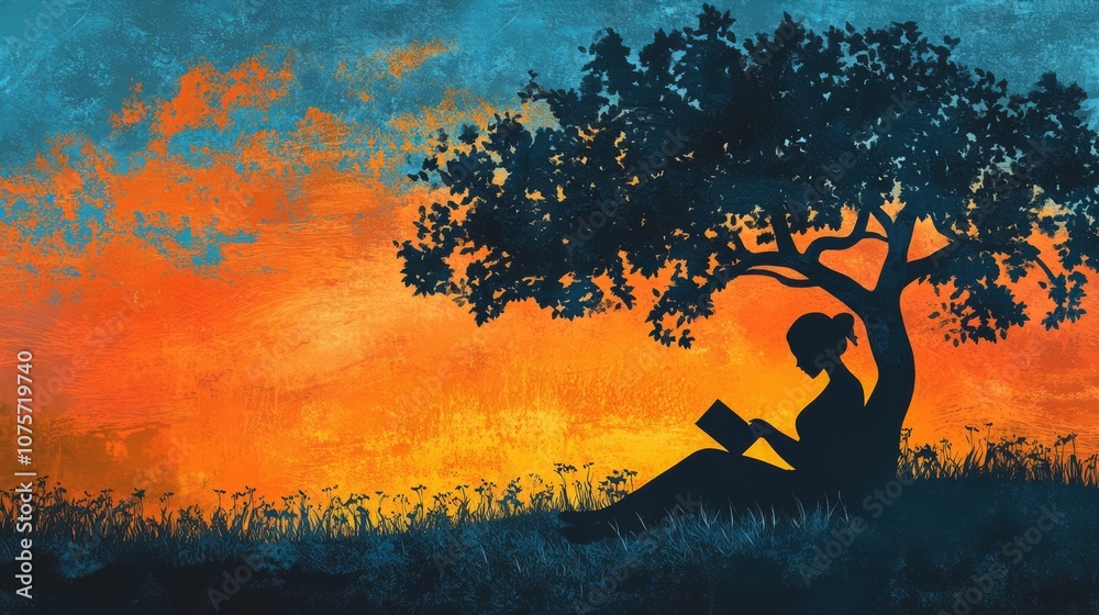Silhouette of a woman sitting under a tree reading a book at sunset. Silhouette of a woman sitting under a tree reading a book at sunset.