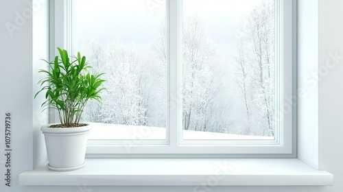  A pot on a window sill amidst snow-covered glass