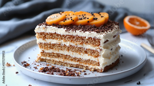 Layered cake with cream and orange slices on white plate