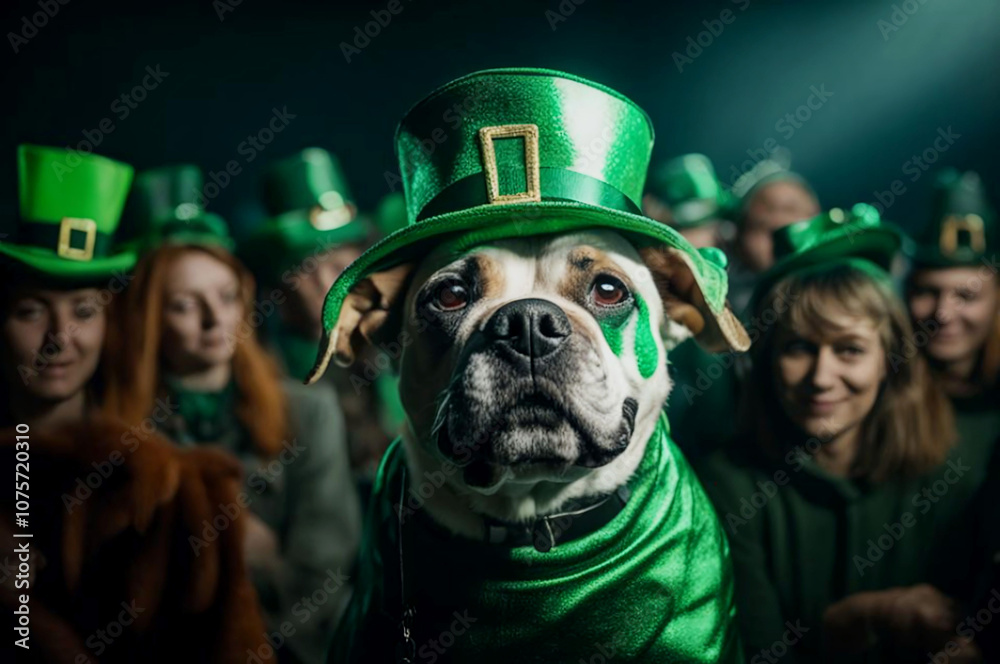 Dog dressed in St. Patrick’s Day costume. A playful dog wearing a green St. Patrick’s Day costume, surrounded by people in festive attire, celebrating with clovers.
Dog dressed in St. Patrick’s Day costume. A playful dog wearing a green St. Patrick’s Day costume, surrounded by people in festive attire, celebrating with clovers.