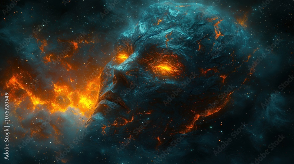 Cosmic Head with Molten Lava Eyes in Space
Cosmic Head with Molten Lava Eyes in Space