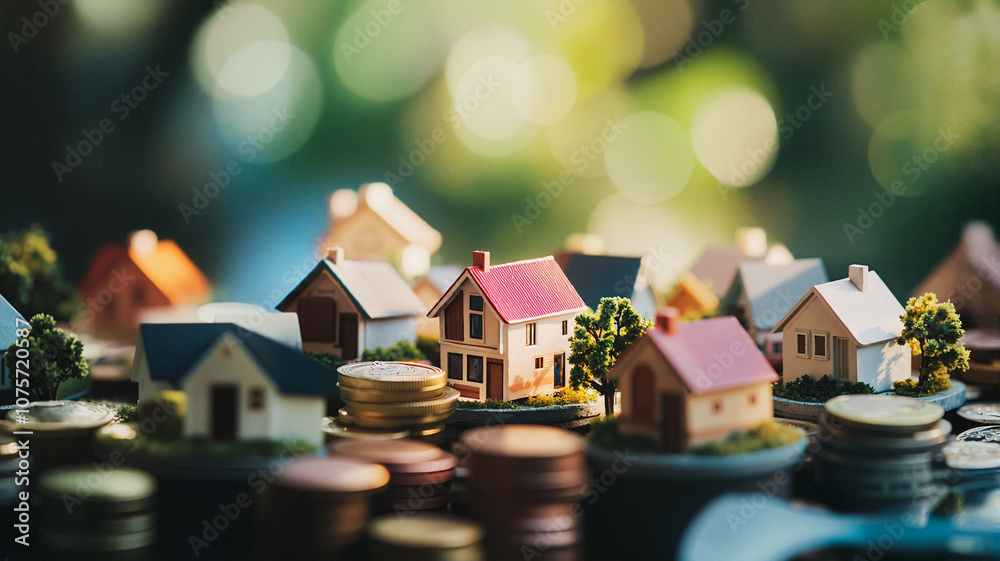 custom made wallpaper toronto digitalMiniature houses and coins with bokeh background