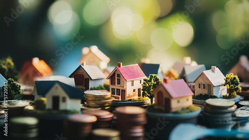 Miniature houses and coins with bokeh background