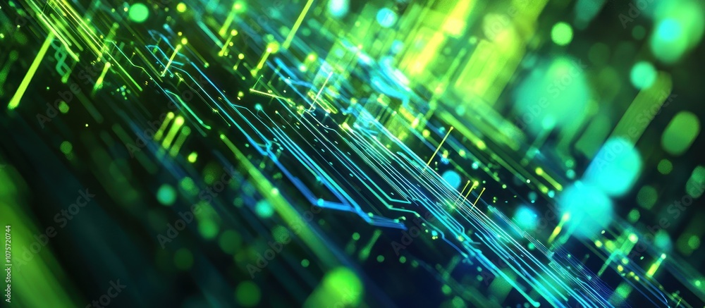 Abstract digital circuit pattern with vibrant green and blue lights. Abstract digital circuit pattern with vibrant green and blue lights.