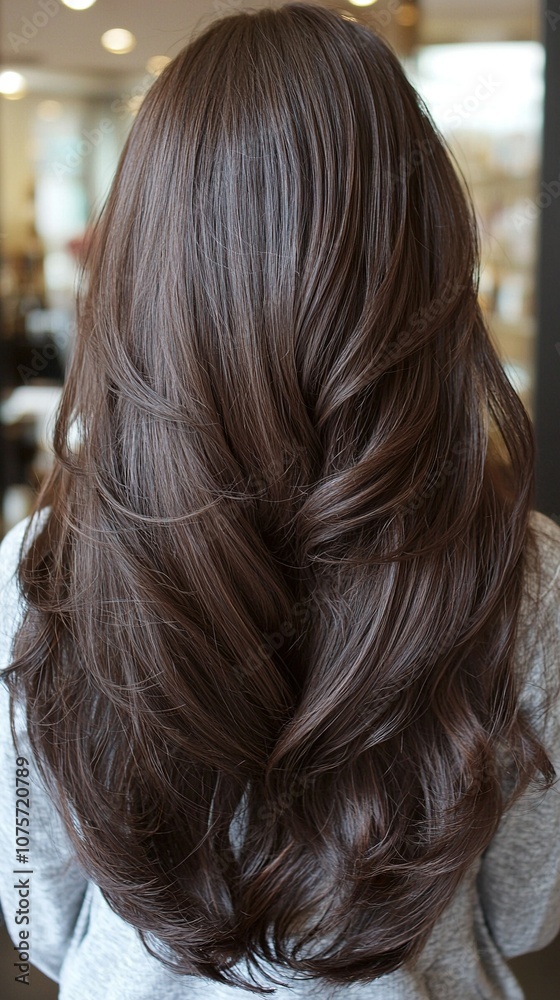 The back of a woman's head with long, dark brown hair in the foreground and a mirror in the background The back of a woman's head with long, dark brown hair in the foreground and a mirror in the background